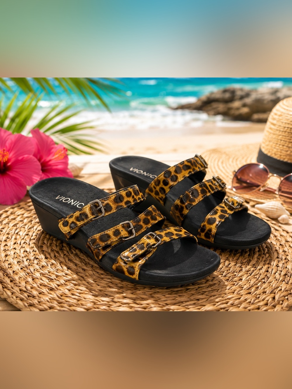 Vionic Leopard-Print Triple Buckle Wedge Slides - Black/Leopard